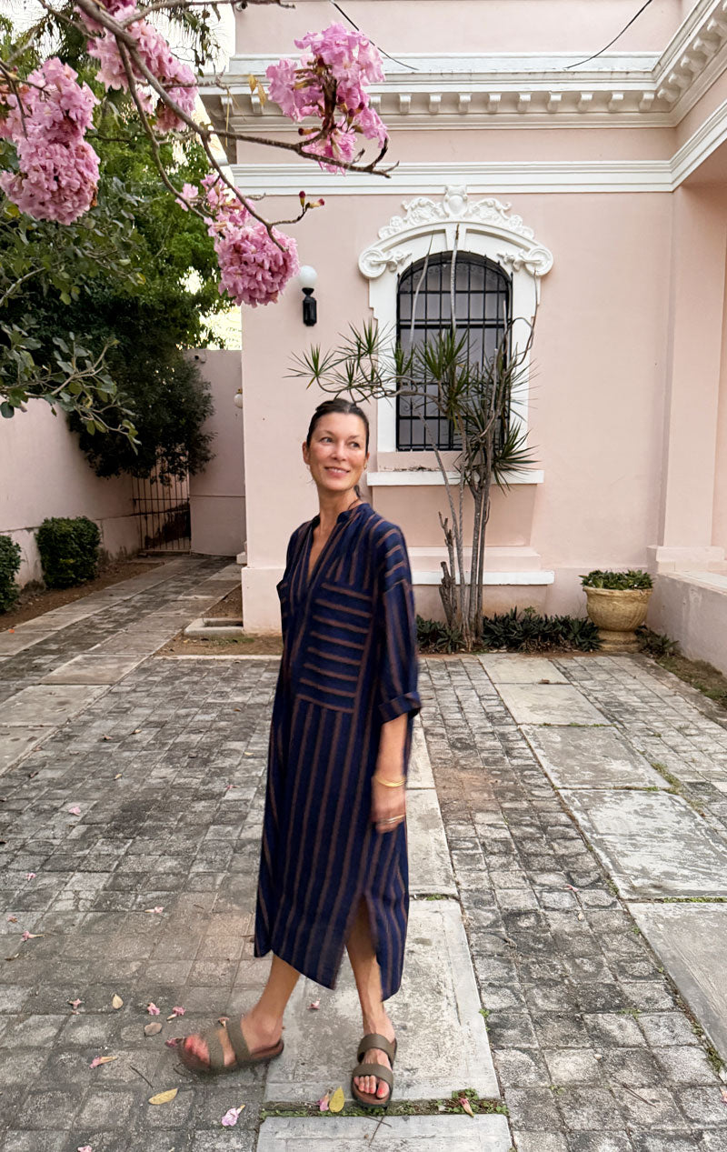 Blue/ Brown stripe two pocket caftan