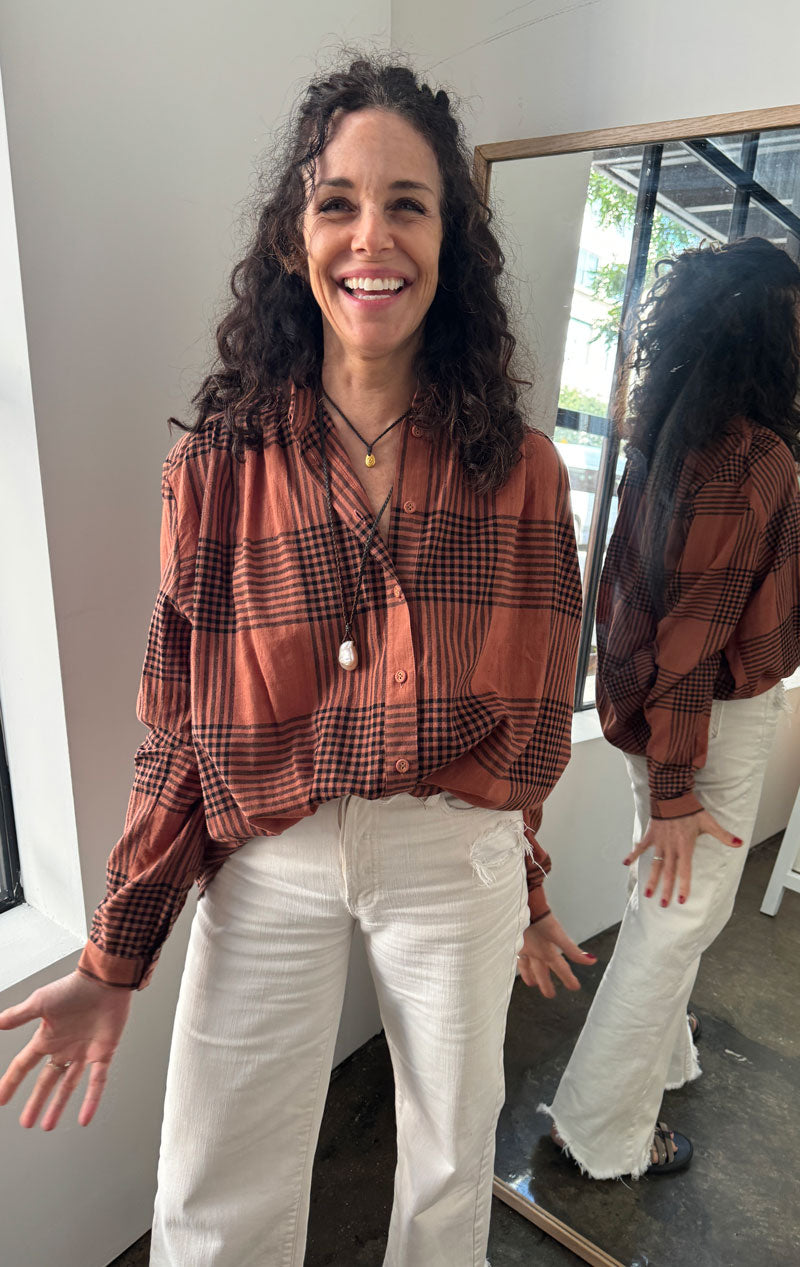 button front blouse in a cocoa and black colored plaid; handwoven cotton