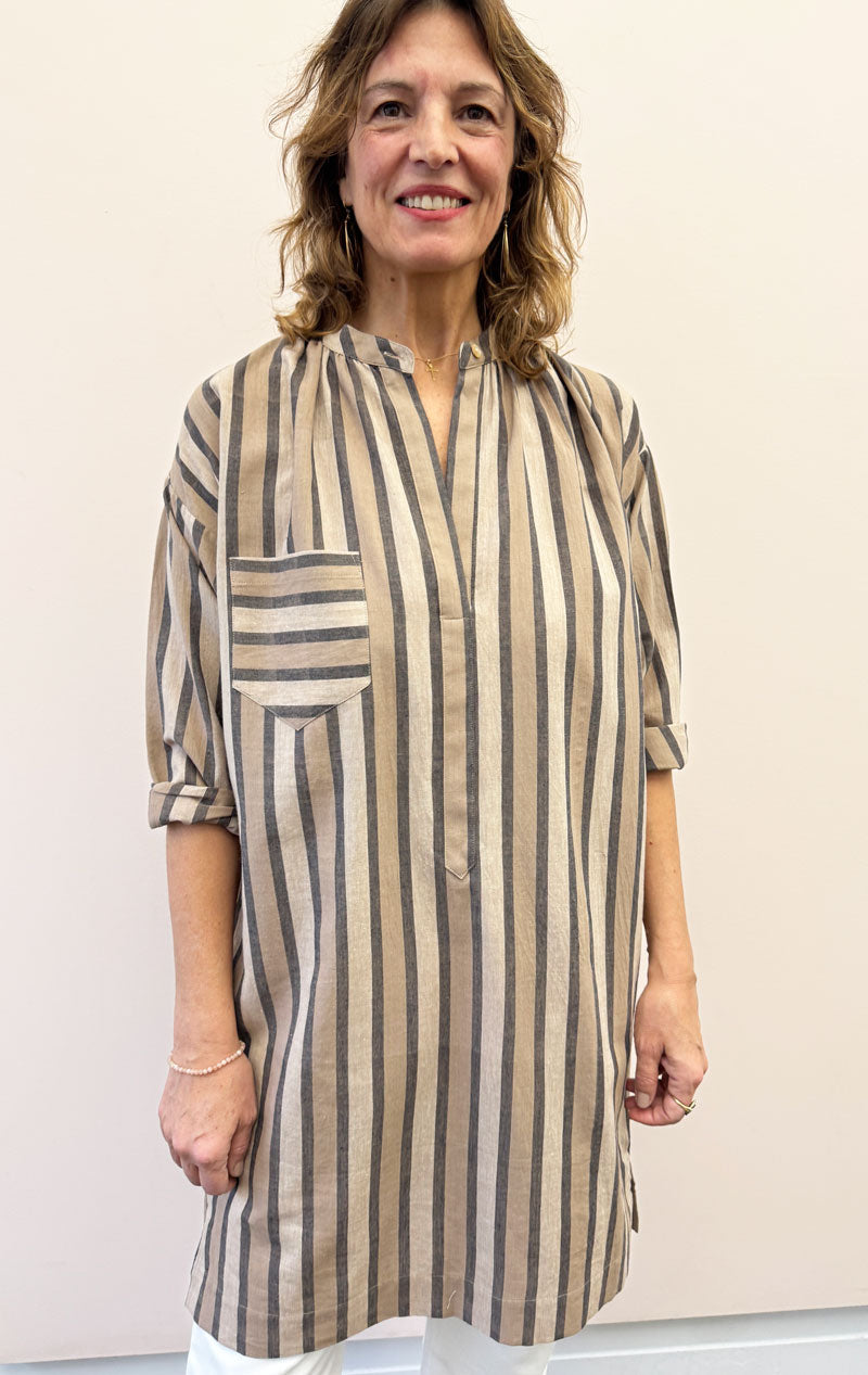 Beige Striped long sleeve button tunic