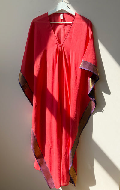Cherry red Cotton Caftan with sari border