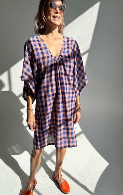 peach and cobalt blue multi check cotton dress with kimono style sleeves 