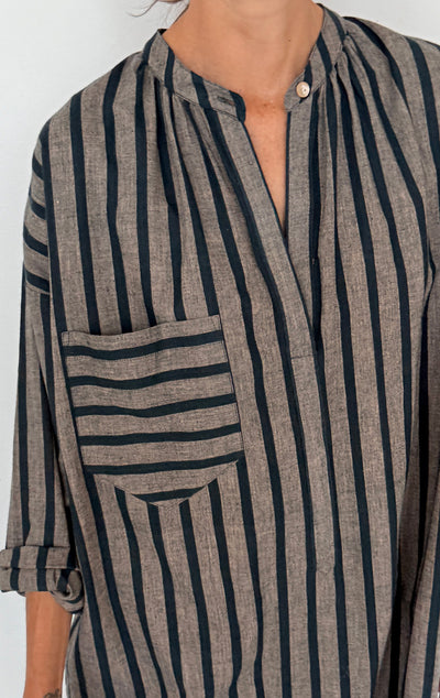 Teal/ Peach striped long sleeve button tunic