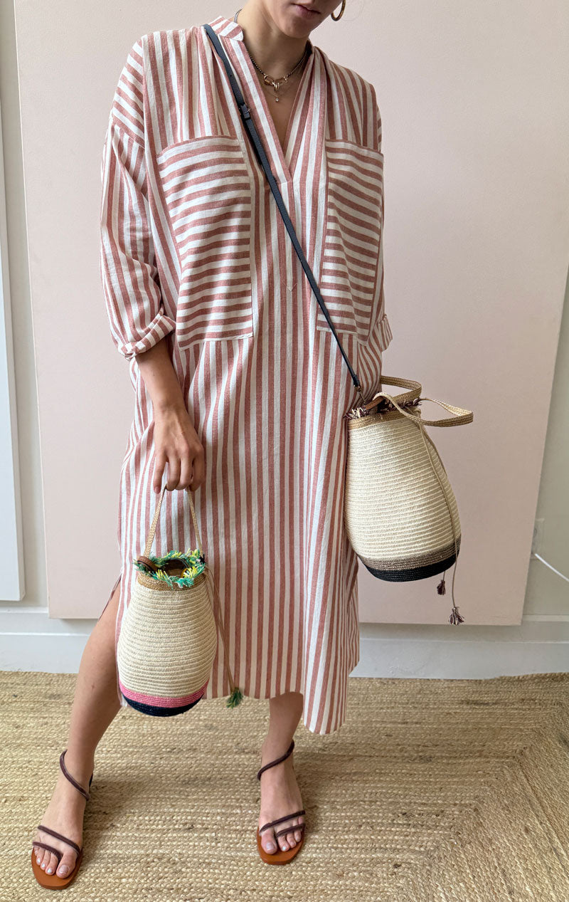 Terracotta/ Natural stripe two pocket caftan