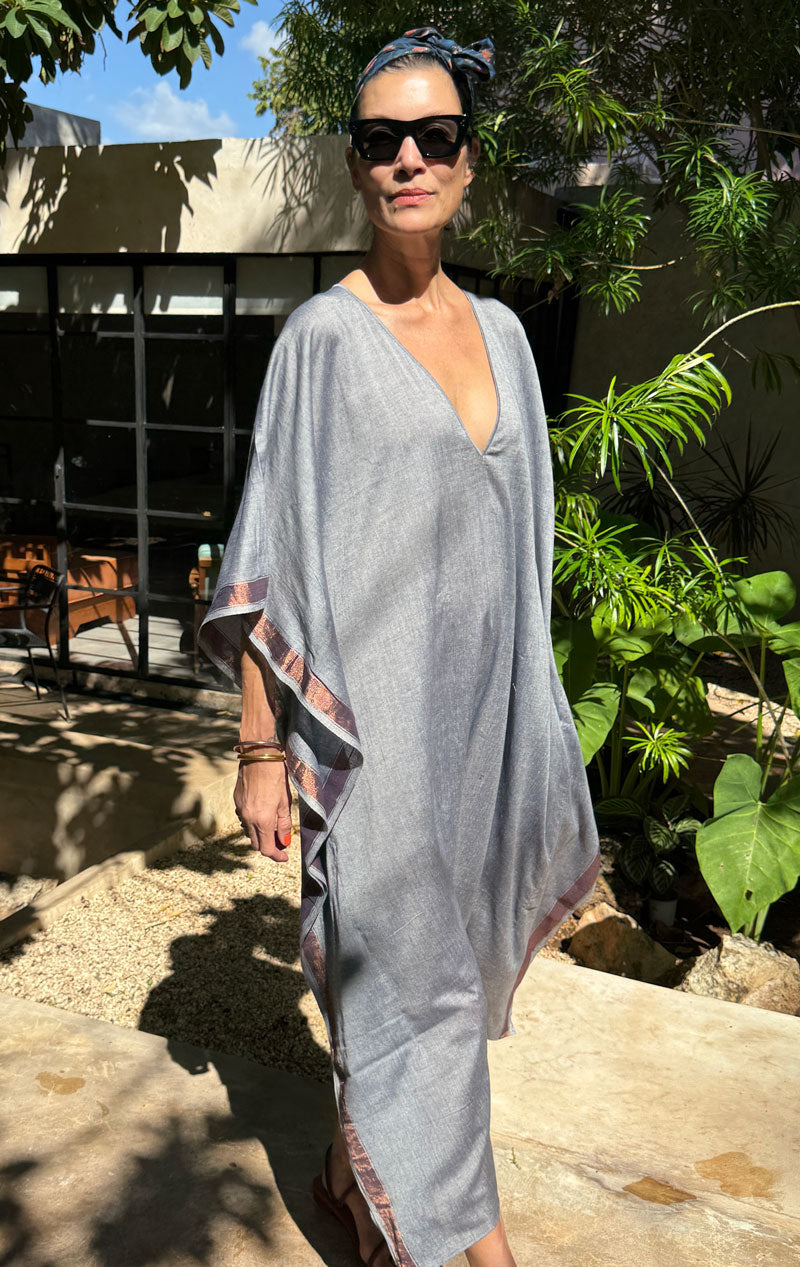 Grey and Metallic v neck caftan