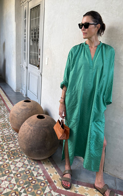 Green Silk metallic pinstripe long caftan