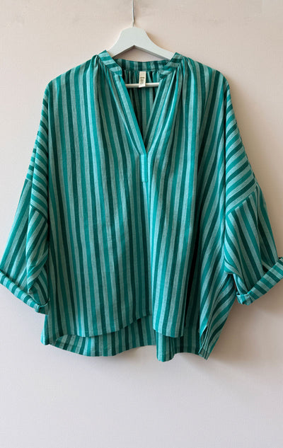 Green Stripe Shirred shirt
