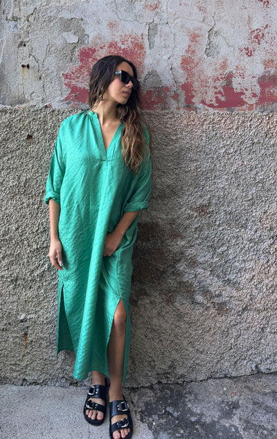 Green Silk metallic pinstripe long caftan