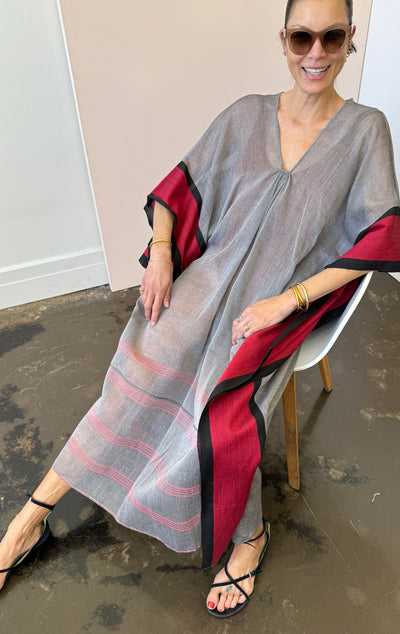 grey and red caftan