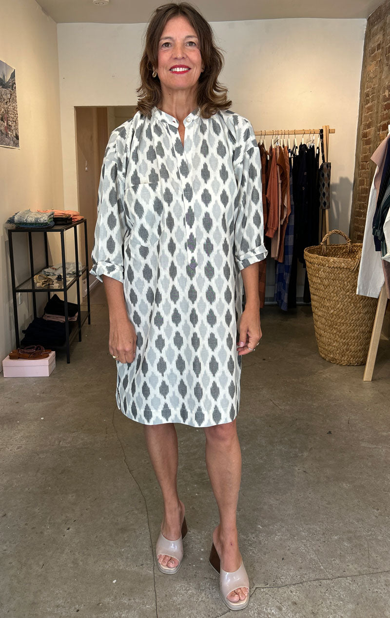 Cream/ Grey Ikat long sleeve button tunic
