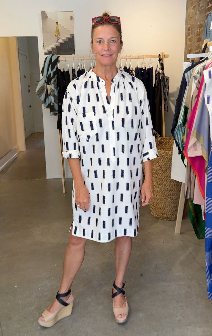 Cream/ Navy Ikat long sleeve button tunic