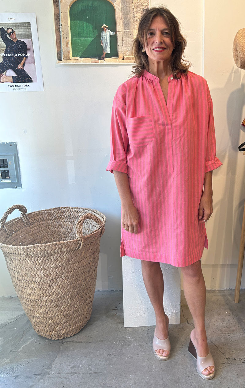 Bright Pink striped long sleeve button tunic