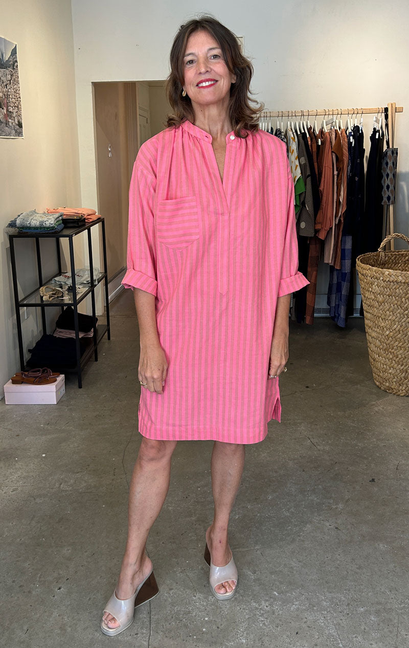 Bright Pink striped long sleeve button tunic