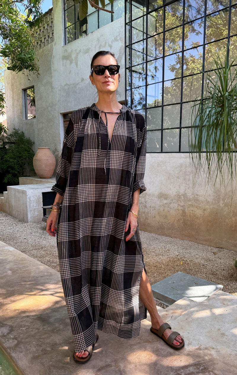 Long Sheer Caftan in Black/ Cream Plaid