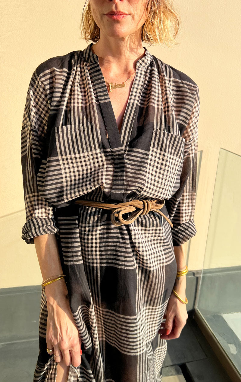 Black/ Cream Plaid two pocket caftan