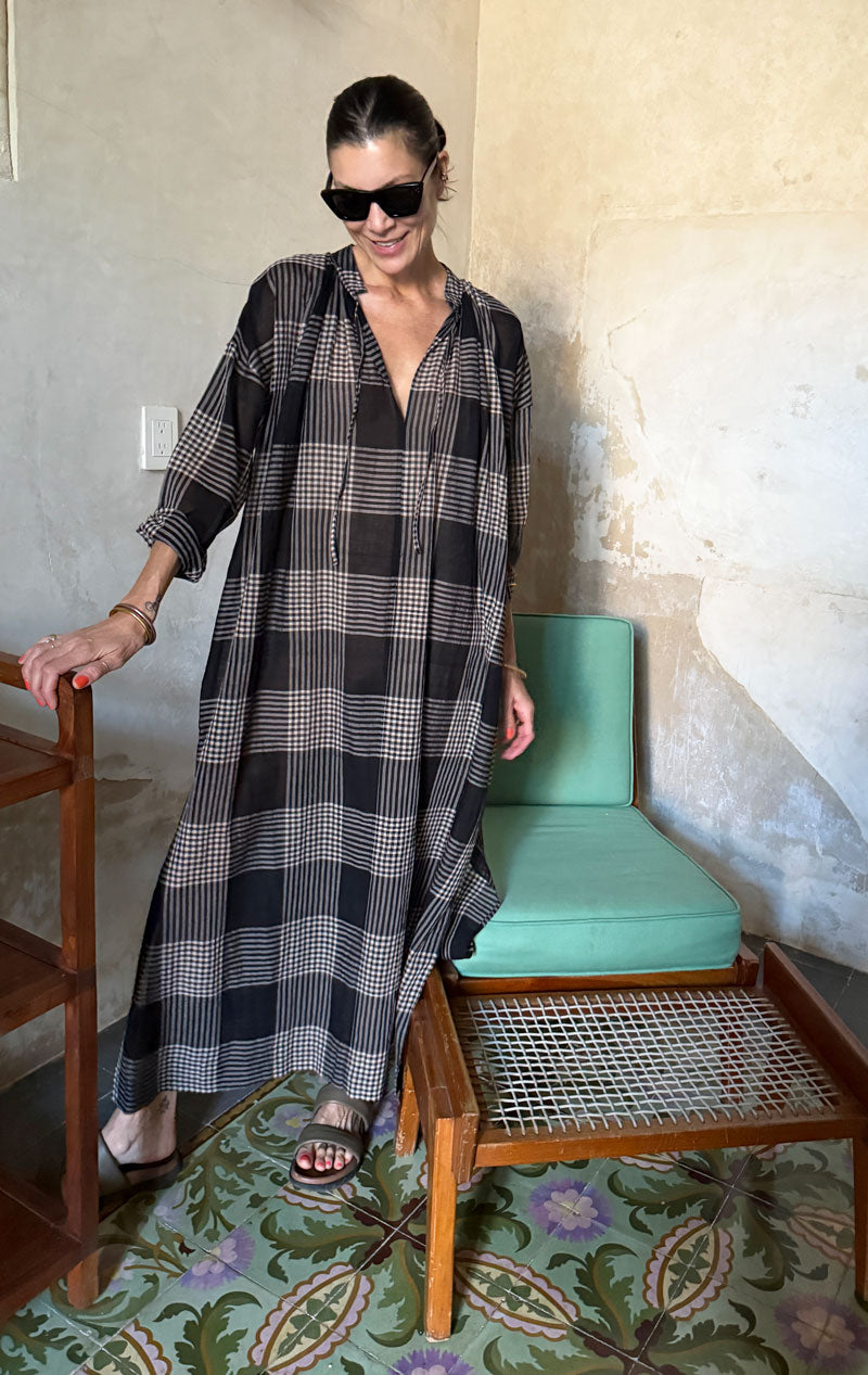 Long Sheer Caftan in Black/ Cream Plaid