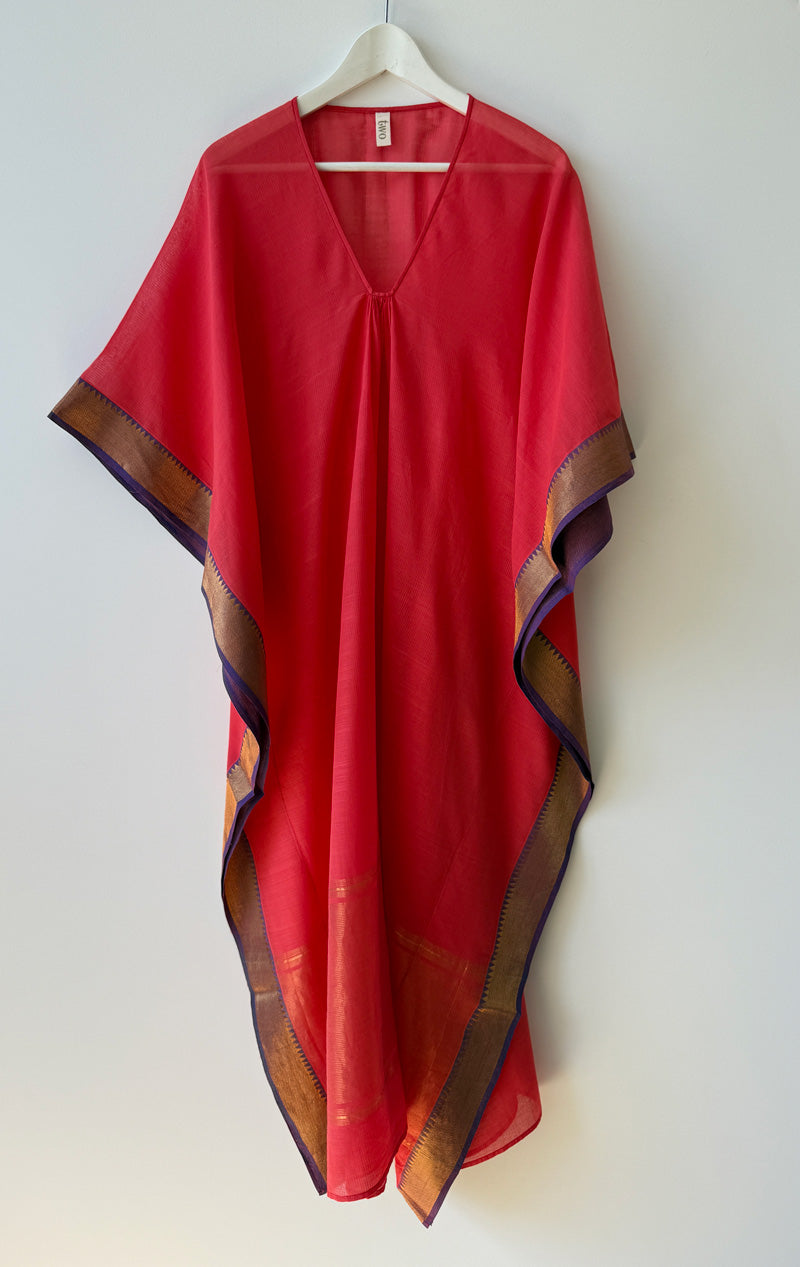 Cherry red Cotton Caftan with sari border