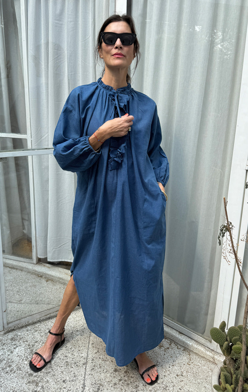 Ruffle Caftan Dress -Medium Blue Two Ruffle Caftan Dress -Medium Blue Two