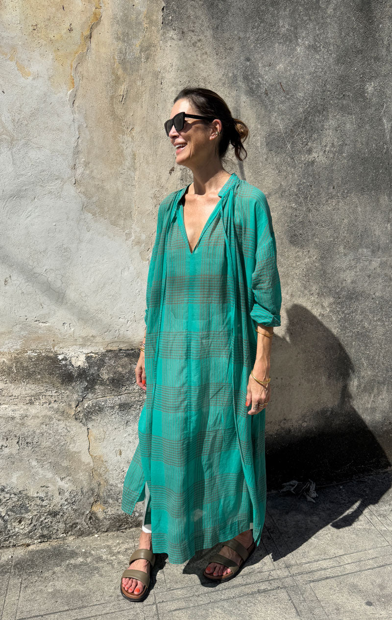 Long Sheer Caftan in Emerald Plaid