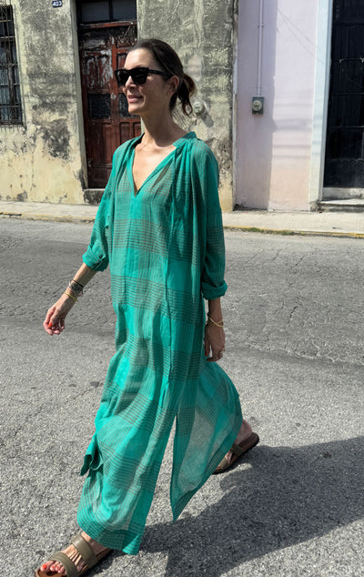 Long Sheer Caftan in Emerald Plaid