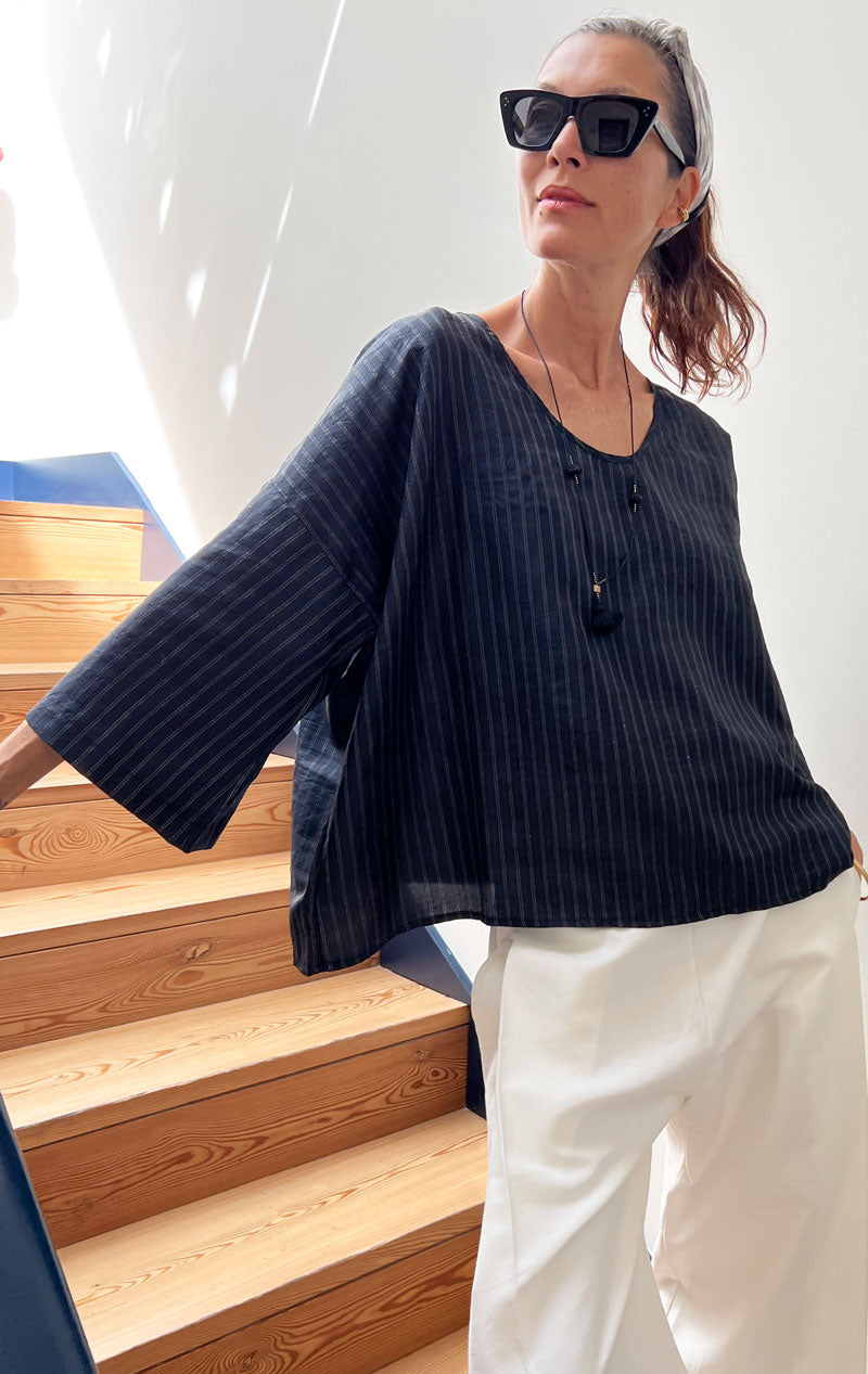 3/4 sleeve pullover shirt in handwoven black silk with gold zari stripes