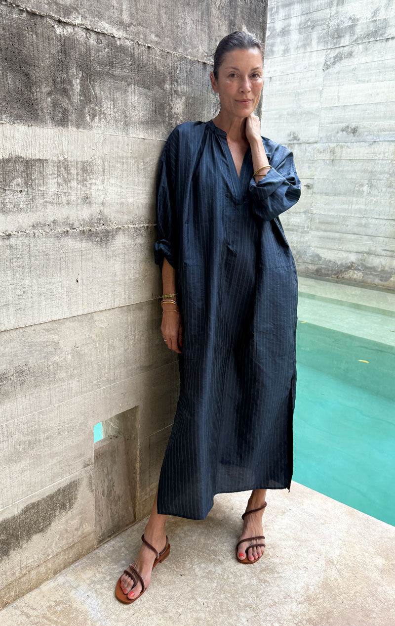 Blue Silk metallic pinstripe long caftan