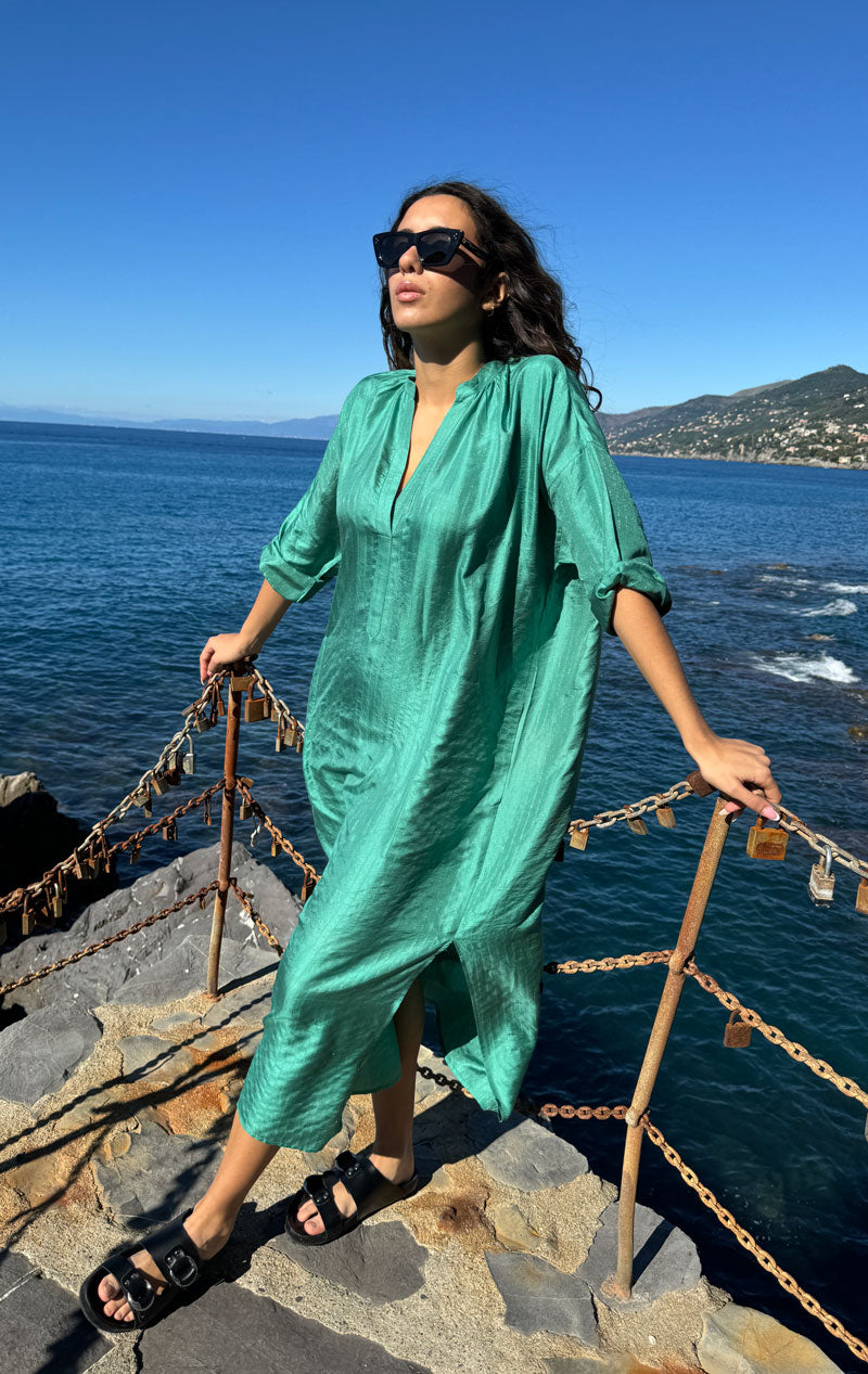 Green Silk metallic pinstripe long caftan