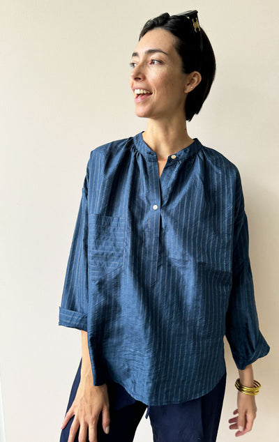 Tunic Shirt in Navy Silk Metallic Pinstripe