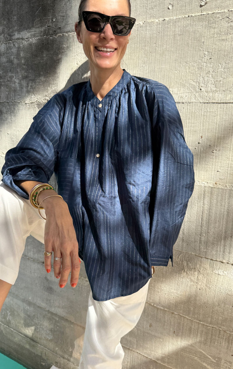 Tunic Shirt in Navy Silk Metallic Pinstripe