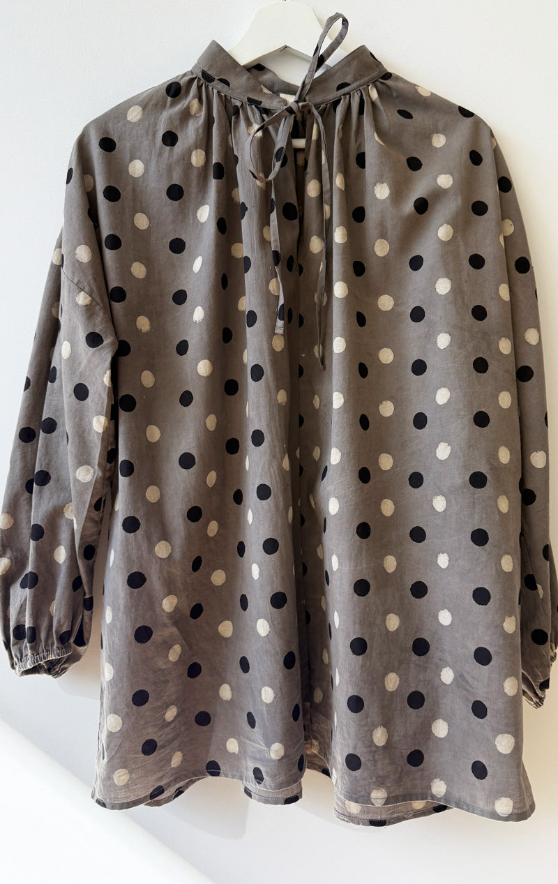 Sample- tie neck Wabi sabi grey dot shirt