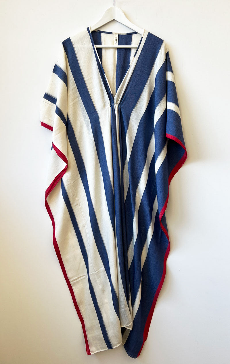 Blue and white Multi Stripe V-neck caftan