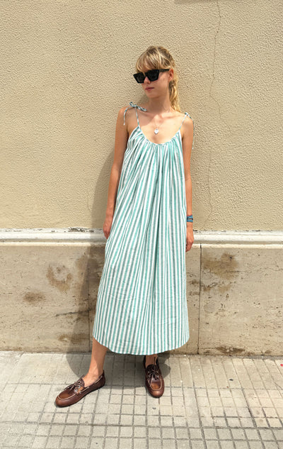 Shoulder tie dress in white and green stripe