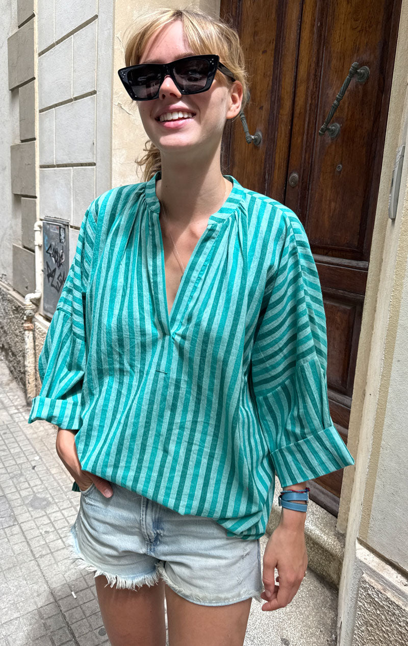 Green Stripe Shirred shirt