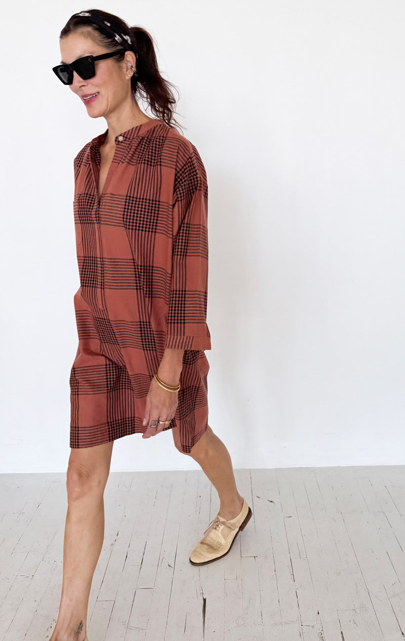 Terracotta Plaid long sleeve button tunic