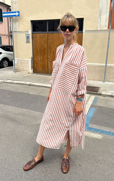 Terracotta/ Natural stripe two pocket caftan