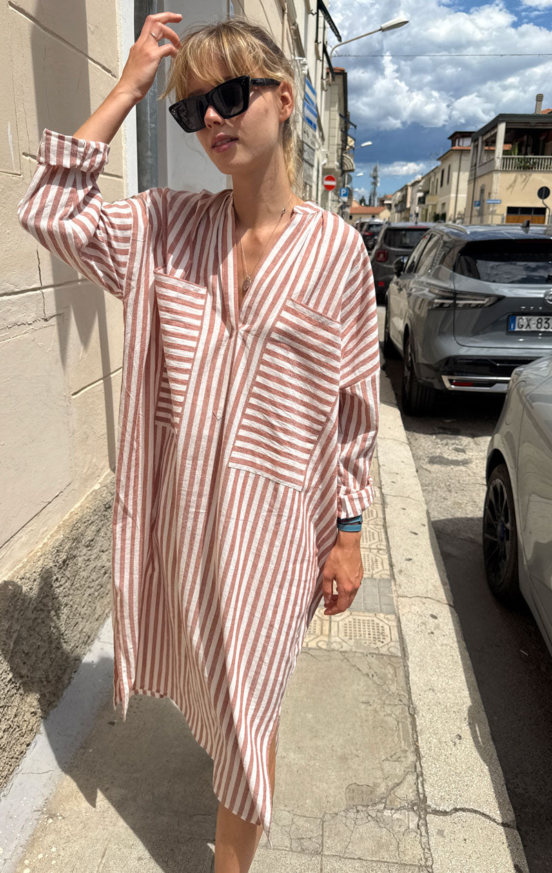 Terracotta/ Natural stripe two pocket caftan