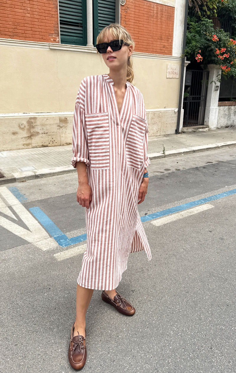 Terracotta/ Natural stripe two pocket caftan