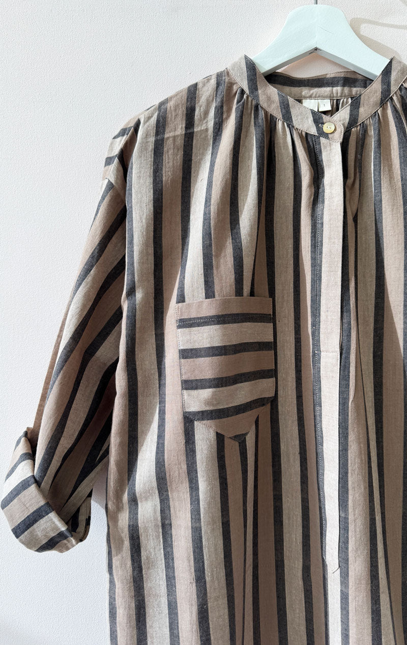 Beige Striped long sleeve button tunic