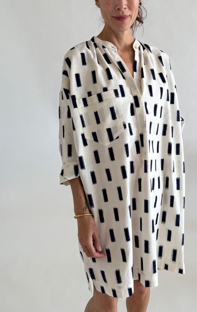 Cream/ Navy Ikat long sleeve button tunic