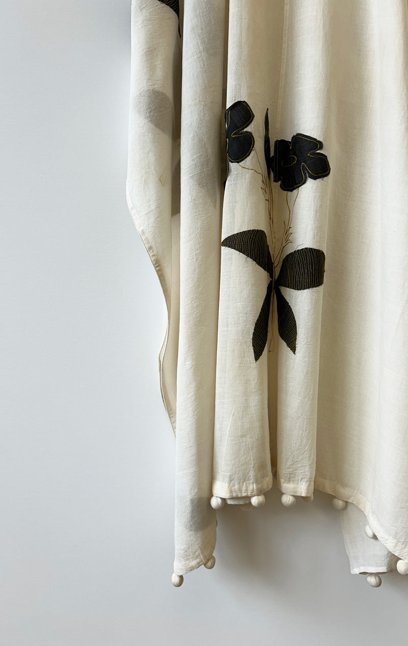 White v-neck applique floral Caftan with pompom edge