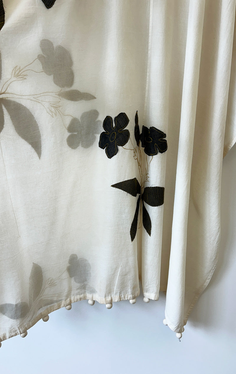 White v-neck applique floral Caftan with pompom edge
