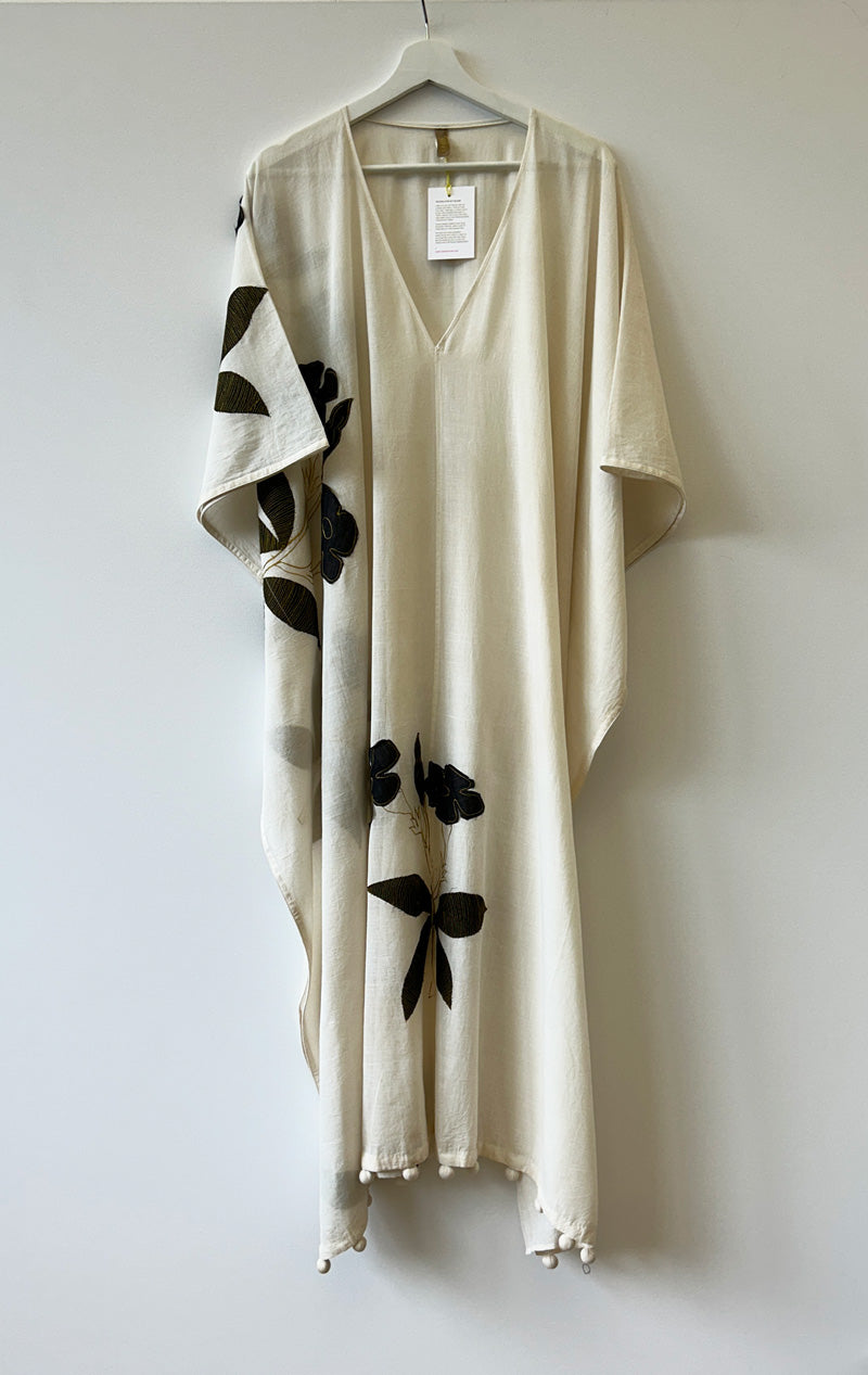 White v-neck applique floral Caftan with pompom edge