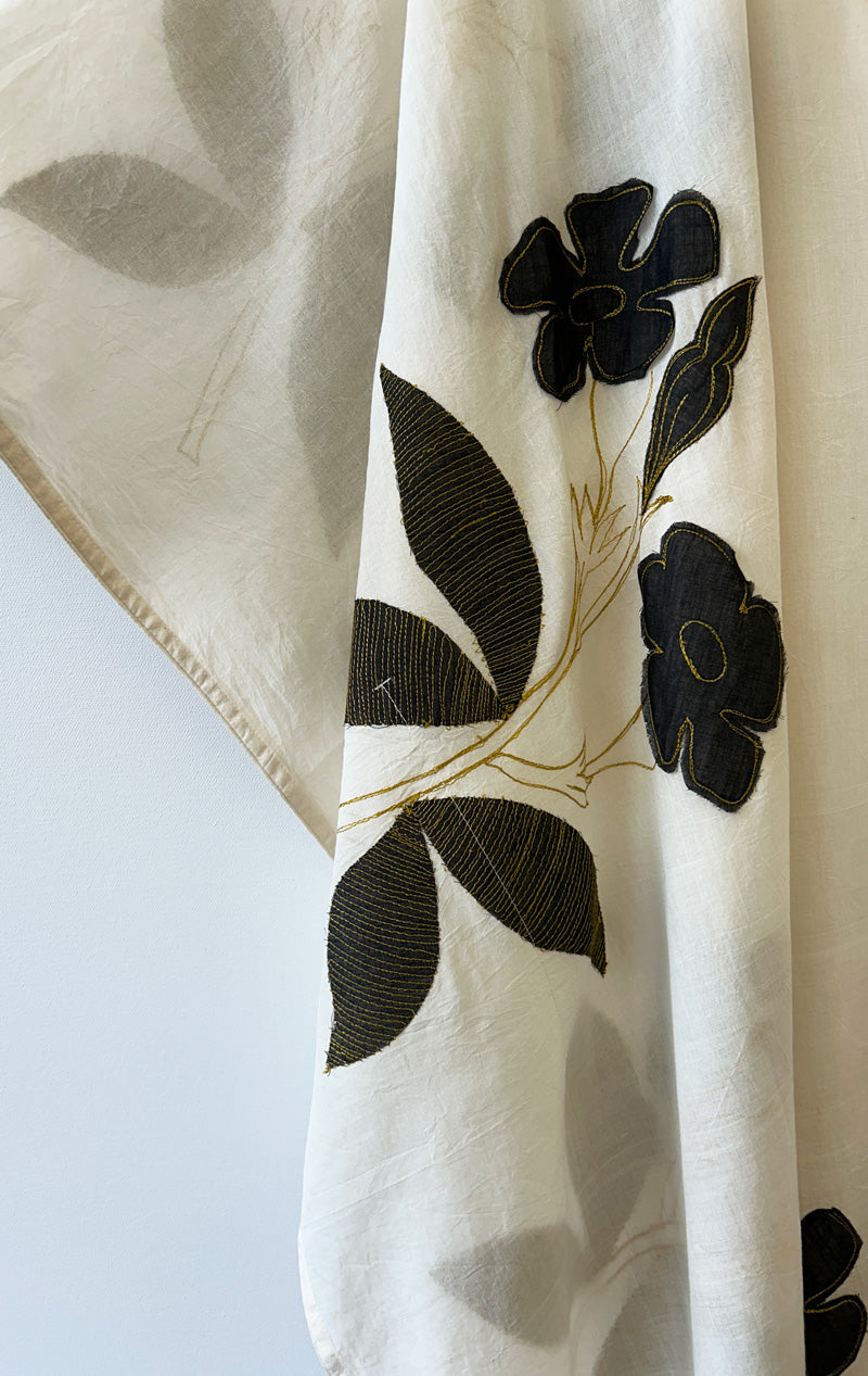 White v-neck applique floral Caftan with pompom edge