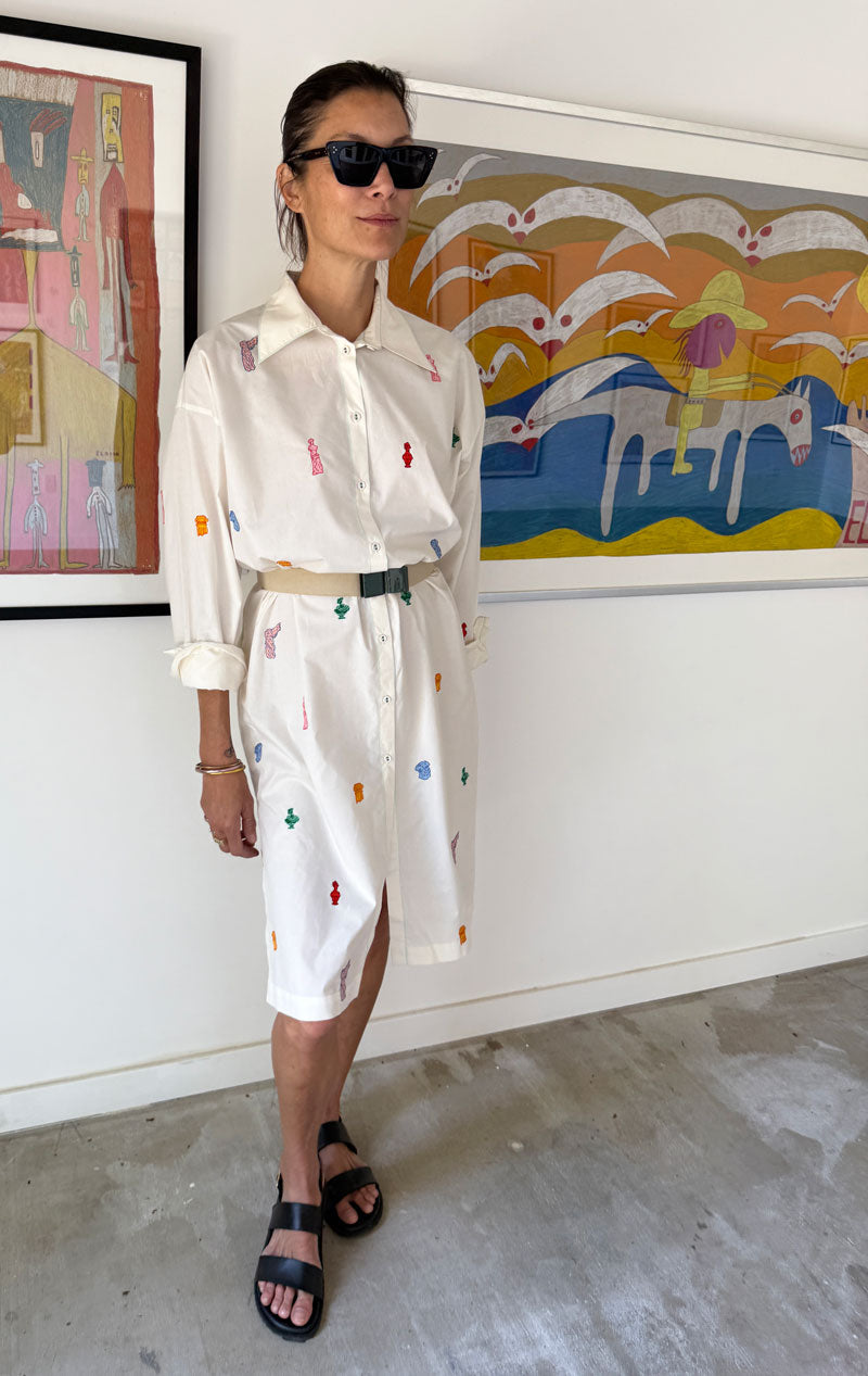 White Button Dress with greek art emblems
