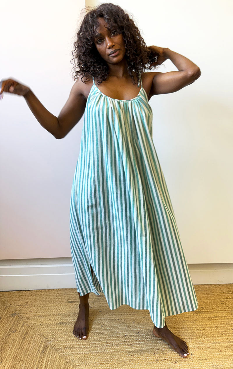 green emerald velvet dress Shoulder tie dress in white and green stripe