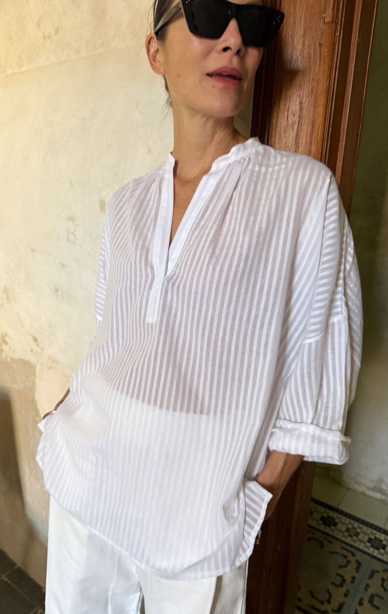 White Stripe Rouched Shirt