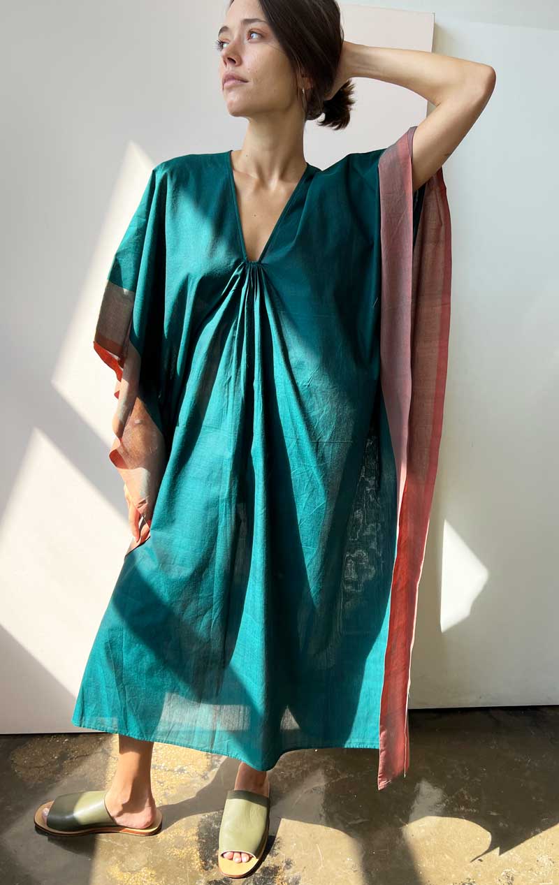 Teal one of a kind caftan with blush